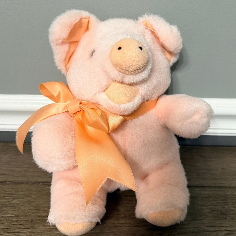 Vintage Its All Greek To Me Pink Pig Plush Stuffed Animal Peach Bow
